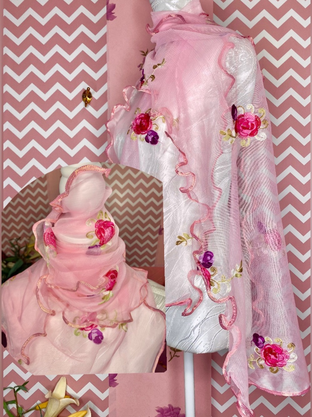 🎀🌷 Delicate Pink Floral Embroidered Sheer Scarf 🌷🎀 NWT